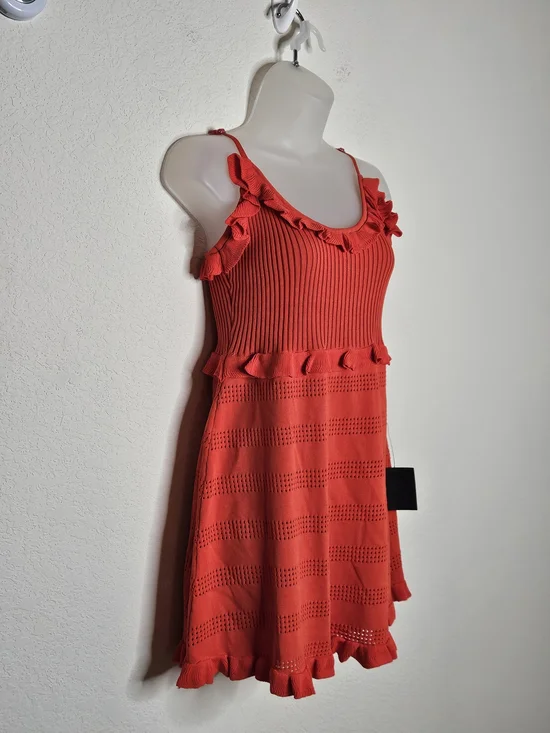 Lulus Red Orange Ruffle Strap Knit Mini Dress L Sleeveless Fit & Flare NWT - Picture 2 of 11